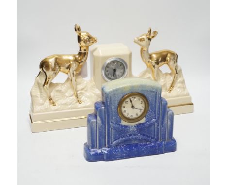 Two French ceramic mantel timepieces, largest 40cm wide