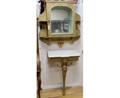 A Victorian giltwood and composition marble topped breakfront console table, with associated wall cabinet, cabinet width 82cm