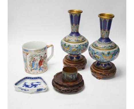 A pair of Chinese cloisonné enamel vases and napkin rings etc, tallest 22cm