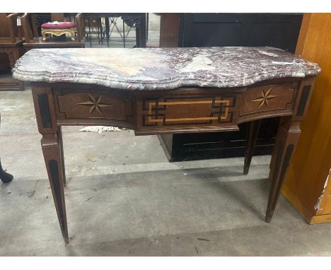 A 19th century Dutch parquetry inlaid oak marble top breakfront console table width 116cm, depth 59cm, height 73cm.