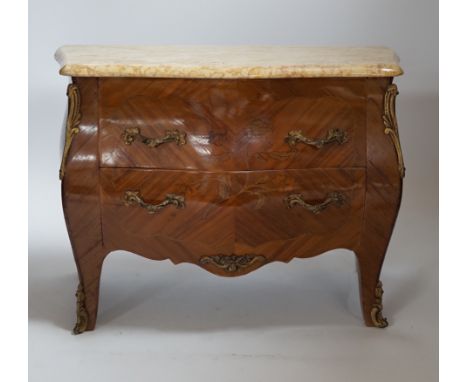 A 19th century miniature French marble topped kingwood marquetry serpentine commode, 34cm
