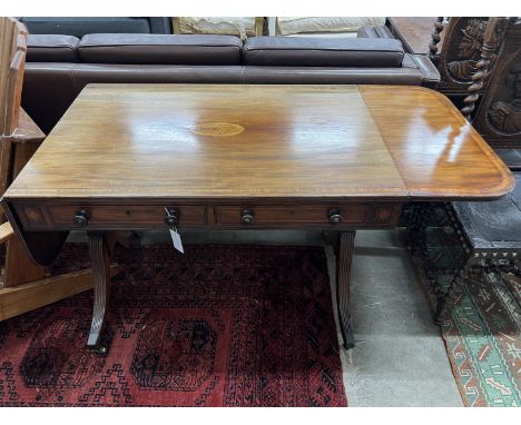 A George III satinwood banded and inlaid mahogany sofa table, width 97cm, depth 63cm, height 72cm