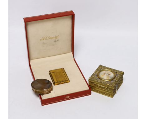 Two boxes comprising agate and a gilt metal example with inset portrait of a lady together with a cased DuPont lighter