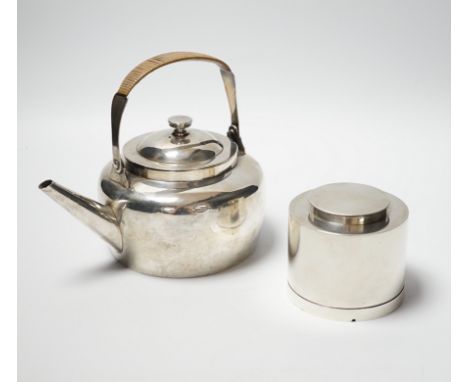 A late Victorian silver tea kettle with stand and rattan handle and a silver warming caddy/burner, Hukin &amp; Heath, London,