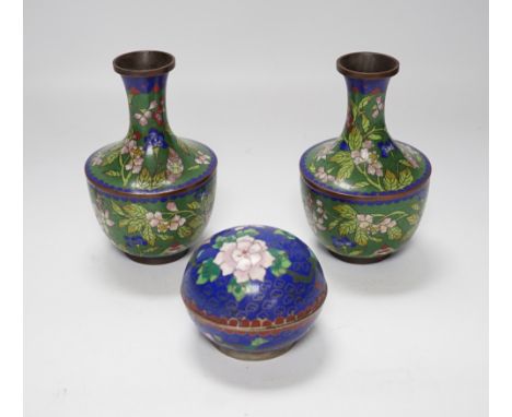 A pair of Chinese cloisonné enamel vases and a box and cover, vases 14cm high
