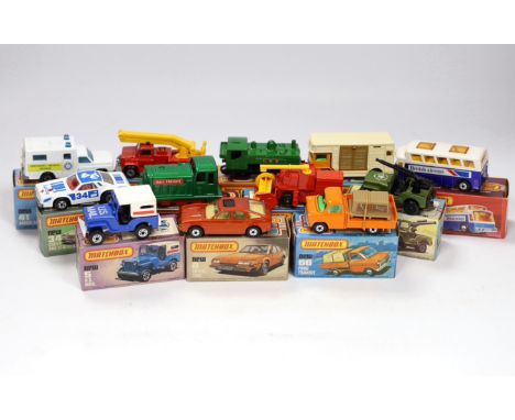 Twelve boxed Matchbox Superfast 1-75 New series diecast vehicles, including: 5; U.S. Mail jeep, 8; Rover 3500, 13; Snorkel Fi