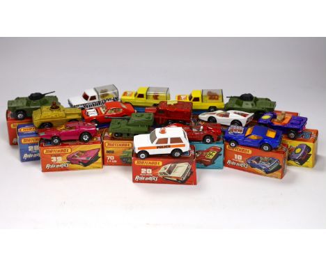 Fifteen boxed Matchbox Superfast 1-75 Rola-matics series diecast vehicles, Including: 10; Piston Popper, 16; Badger, 20; Poli