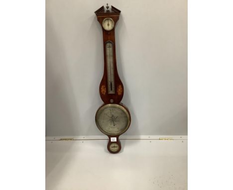 J.M. Ronketti of Holborn. A late George III inlaid mahogany banjo barometer and thermometer, height 100cm