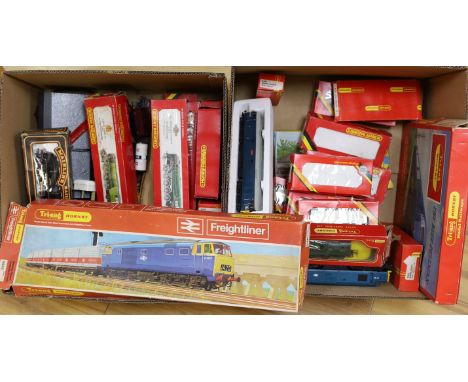 Two boxes of 00 gauge model railway by Hornby Railways, Mainline, Lima, Tri-ang,  etc. including eight locomotives; ‘The Blue