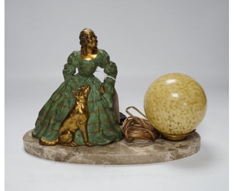 A French Art Deco table lamp a figure of a lady and dog, 29cm wide