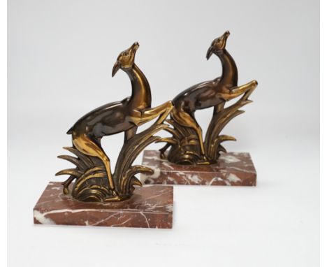 A pair of French Art Deco deer spelter and marble book-ends, 21cm high