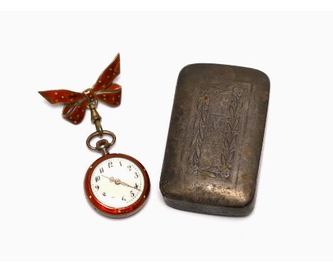 A George III silver snuff box, Joseph Wilmore, Birmingham, 1814, 61mm and a silver gilt and enamel fob watch (a.f.).