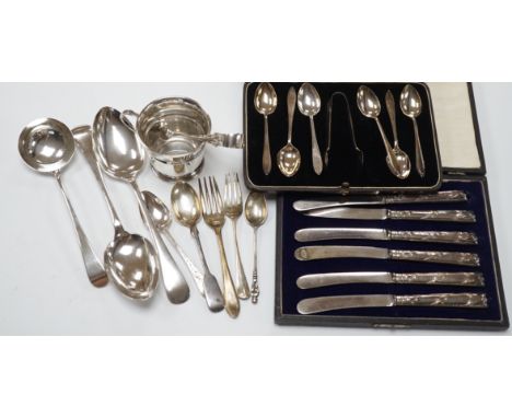 Two cased sets of silver flatware including teaspoons with tongs, nine assorted items of silver flatware including an 18th ce