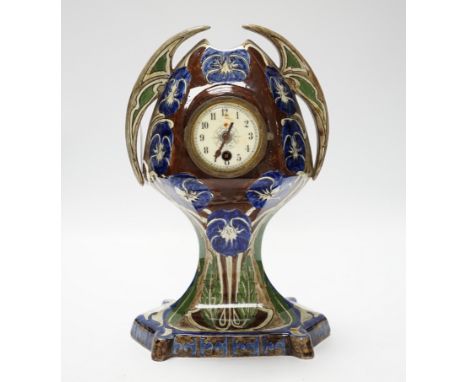 An Art Nouveau Dutch de Distel pottery mantel timepiece, 27cm