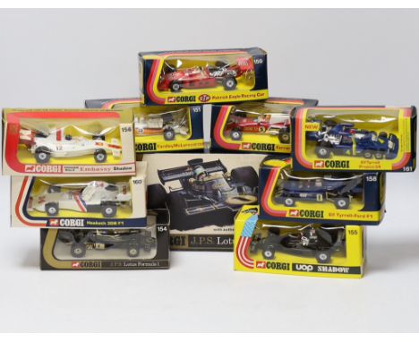 Ten boxed Corgi racing cars, Including: 1:18 scale J.P.S. Lotus Formula 1 (190), Yardley McLaren M19A (151), Ferrari 312 B2 (