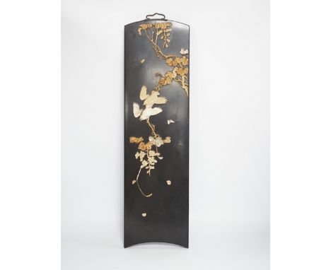 A Japanese bone and mother of pearl overlaid shibayama style panel, 61x17.5cm