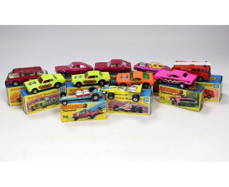 Eleven boxed Matchbox Superfast 1-75 series diecast vehicles, Including: 8; Wild Cat Dragster, 22; Freeman Inter-city Commute