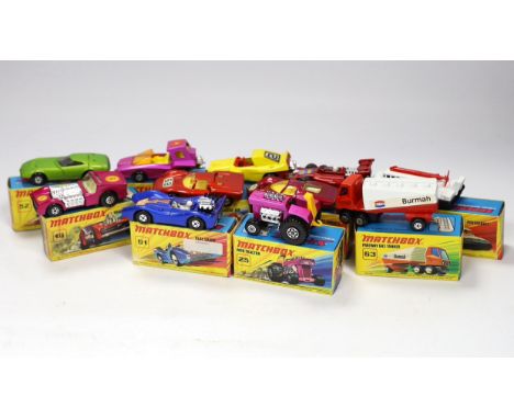 Eleven boxed Matchbox Superfast 1-75 series diecast vehicles, Including: 19; Road Dragster, 24; Team Matchbox, 25; Mod Tracto