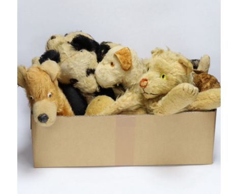 An Alpha Farnell lion nightdress case, a Chiltern panda, a clog nightdress case and four assorted dogs (7)