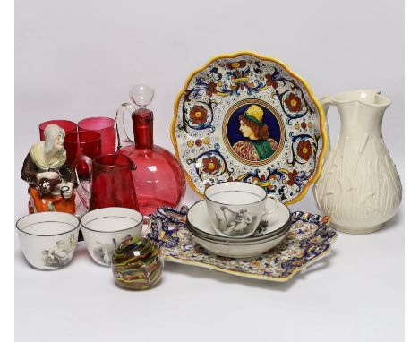 Mixed glass and ceramics including cranberry glass decanter and four other pieces, New Hall bat printed tea cups and saucers 
