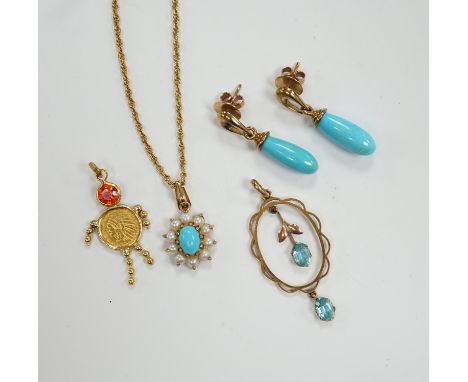 A modern 9ct gold, turquoise and seed pearl cluster set pendant necklace, a pair of 9ct gold and turquoise set drop earrings 