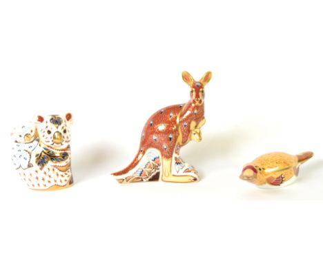THREE BOXED ROYAL CROWN DERBY IMARI CHINA PAPERWEIGHTS WITH GILT STOPPERS, FROM THE AUSTRALIA COLLECTION, comprising: KANGARO