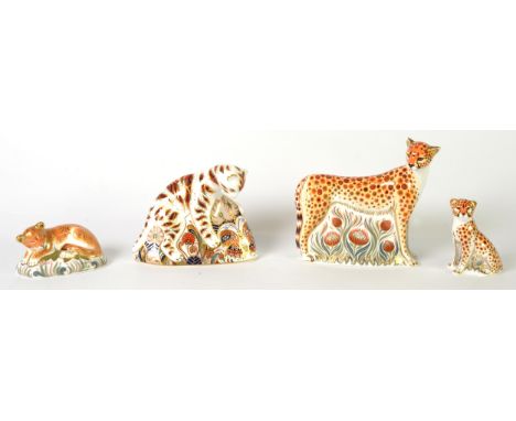FOUR BOXED, ROYAL CROWN DERBY IMARI CHINA WILD CAT PATTERN PAPERWEIGHTS, comprising: CHEETAH, CHEETAH CUB, LION CUB, all with