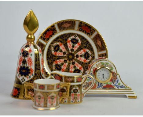 ROYAL CROWN DERBY: Royal Crown Derby China Imari pattern small circular dish, table bell, miniature jug and loving cup, plus 