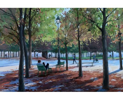 CHARLES ROWBOTHAM (MODERN)  OIL ON BOARD ‘Le Jardin du Tuileries’  Signed, titled verso  11” x 17” (28cm x 43.2cm) C/R- image