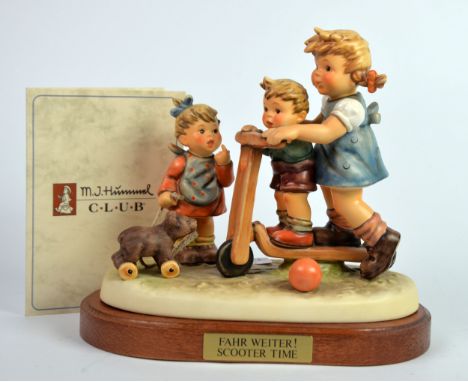 GOEBEL HUMMEL: German porcelain large group, ‘Scooter Time’ (16.5 cm) 6 ½” H, on wooden base with title plaque and certificat