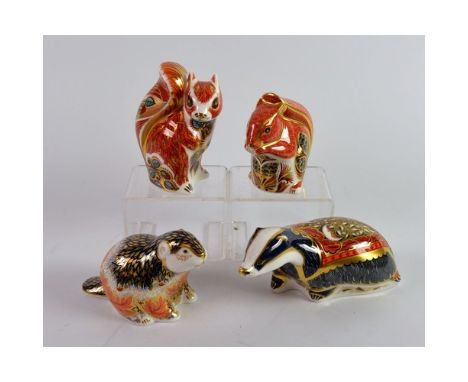 FOUR BOXED, ROYAL CROWN DERBY IMARI CHINA ANIMAL PATTERN PAPERWEIGHTS WITH GILT STOPPERS, comprising: MOONLIGHT BADGER, RIVER