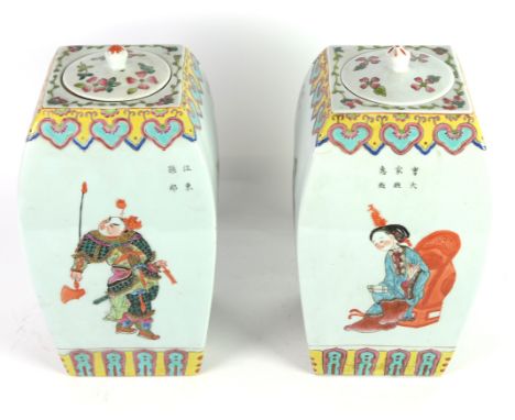 MODERN CHINESE PAIR OF POTTERY GINGER JARS AND COVERS, each of square form with knopped, slightly domed cover, painted in col