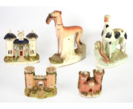 FIVE PIECES OF NINETEENTH CENTURY STAFFORDSHIRE POTTERY, comprising: GREYHOUND WITH HARE IN ITS MOUTH, ANOTHER, STANDING IN F