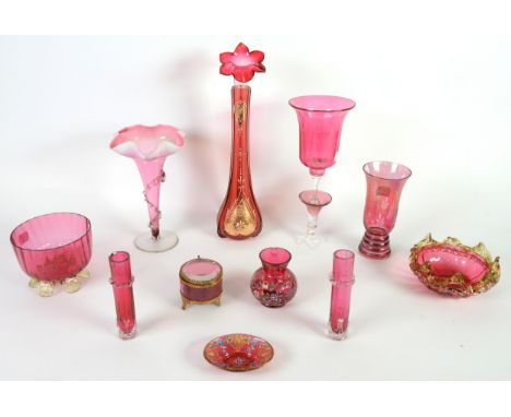 SELECTION OF CRANBERRY GLASS, to include; TRUMPET VASE WITH WAVY VASELINE GLASS RIM, 8” (20.3cm) high, TABLE BELL, VASES, DIS