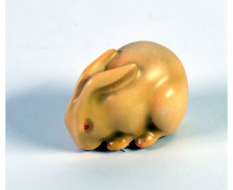 ROYAL WORCESTER PORCELAIN MODEL OF A CARVED RABBIT PATTERN NETSUKE, modelled crouching with ears back, 2” (5.1cm) long, print