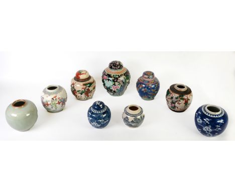 COLLECTION OF NINE NINETEENTH CENTURY AND LATER CERAMIC GINGER JARS, including a FAMILLE NOIRE EXAMPLE, painted with peacocks