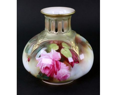 A Royal Worcester compressed baluster vase, the lobed sides painted with roses, pierced neck, 13.5cm high, green printed mark
