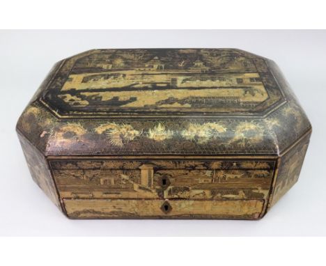 A Chinese Export black lacquer chinoiserie decorated sewing box, 19th century, of octagonal form, the hinged cover enclosing 