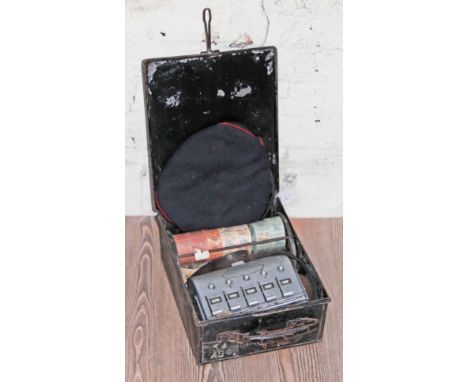 A 1950s bus conductor's ticket machine, boxed with hat and various rolls of tickets, all Cardiff.