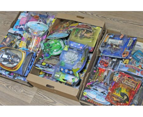 Three boxes of model figures including Star Trek, Lord of the Rings etc.