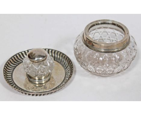 A hallmarked silver standish with matched inkwell together with a cut glass bowl with hallmarked silver rim.