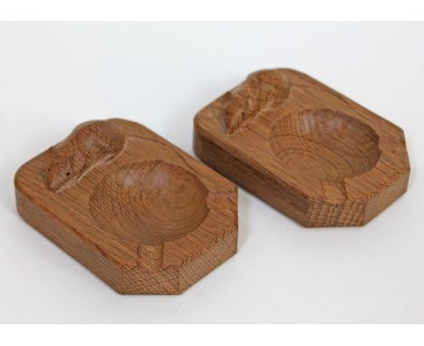A pair of Robert "Mouseman" Thompson carved oak ashtrays. Condition - good, appear unused, little wear.