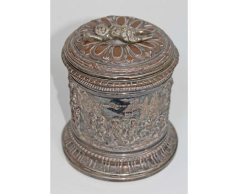 A French 19th Century electro-plated biscuit barrel, stamped 'A.B. Paris', height 15cm (Finial broken).