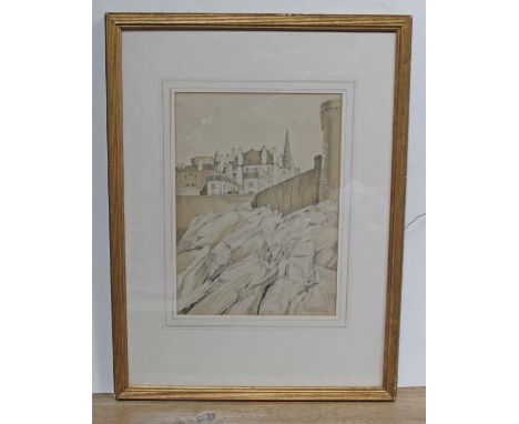 Michael Fletcher, 'St Malo', architectural style drawing, 27cm x 37cm, signed and dated 7th July 1932, glazed and framed 49cm