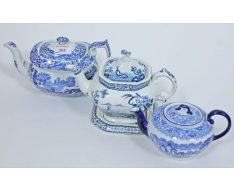 A group of three 19th Century blue and white teapots; Min-tor, Ridgways & Copeland. Condition - stained crazed line to ridgwa