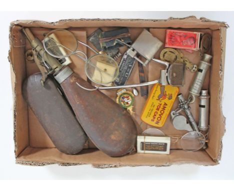 A mixed lot to include badges, whistles, shot flask, clippers, lighter etc.