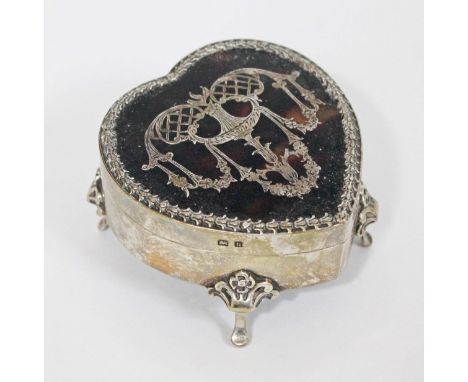 A hallmarked silver and tortoiseshell heart shaped trinket box, length 7.5cm.