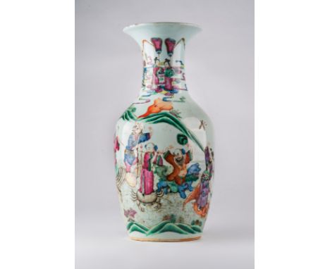 Chinese Art A baluster famille rose porcelain vase painted with characters in landscape and auspicious simbols. China, Qing D