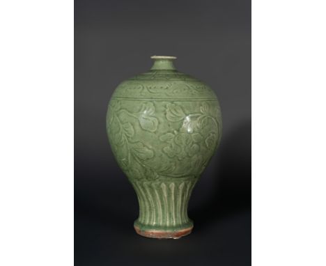 Chinese Art A celadon glazed stonepaste globular vase engraved with lotus flowers China, Qing dynasty, 19th century  . . Cm 2