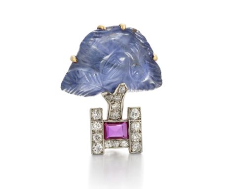 CARTIER: SAPPHIRE AND GEM-SET MINIATURE TREE BROOCH, CIRCA 1925The umbrella-shaped miniature tree formed from a single carved